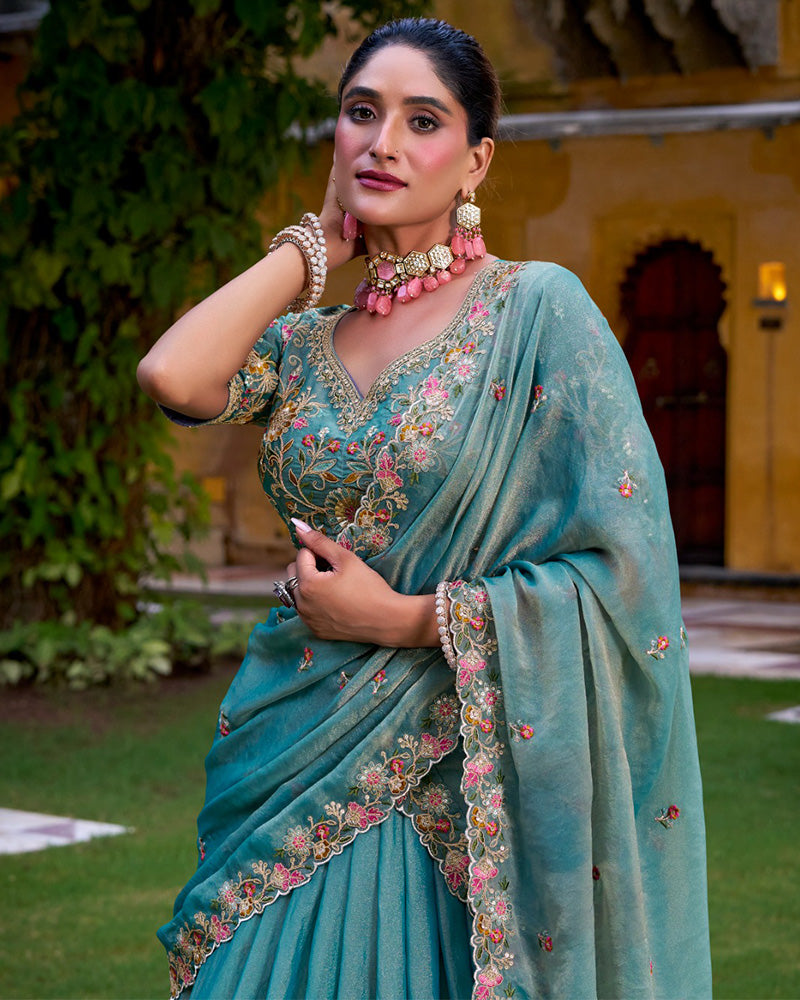 Sky Blue Color Zari Shimmer Thread Embroidered Lehenga Choli