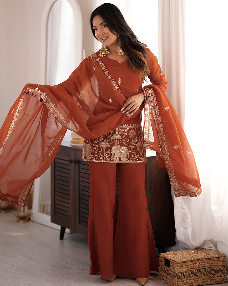 Rust Orange Color Crunchy Silk Embroidered Plazzo Suit