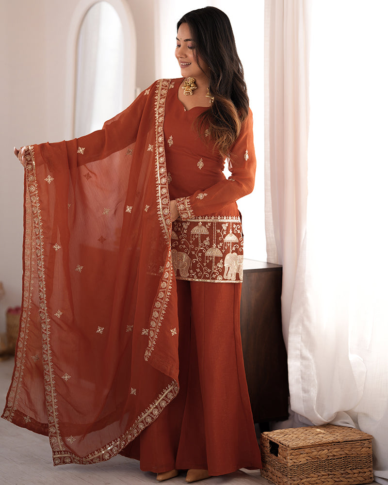 Rust Orange Color Crunchy Silk Embroidered Plazzo Suit