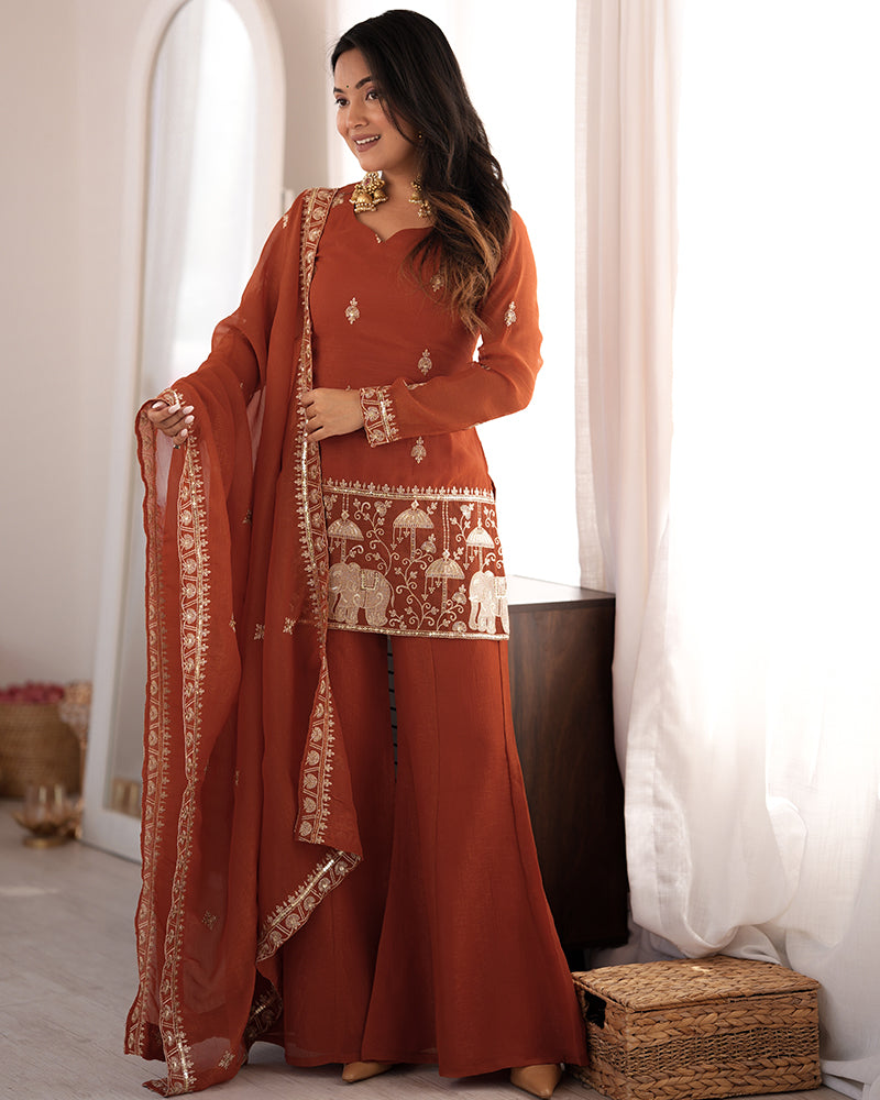 Rust Orange Color Crunchy Silk Embroidered Plazzo Suit
