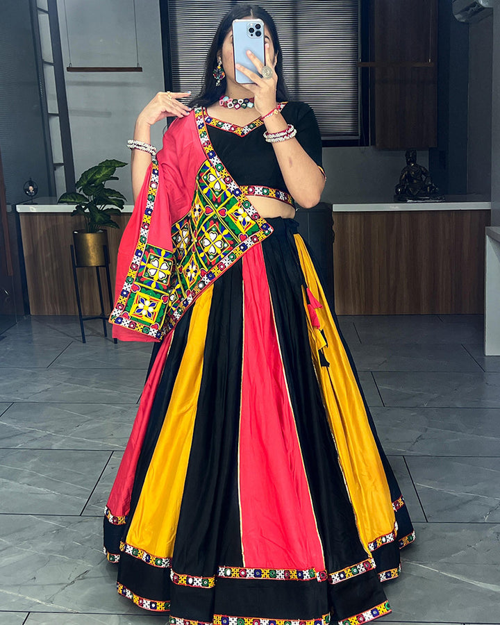 Black Color Designer Pure Rayon Cotton Gamthi Work Navratri Lehenga Choli