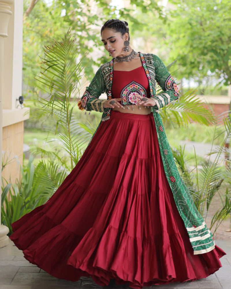 Red Color Bandhani Printed With Rayon Lehenga  Choli
