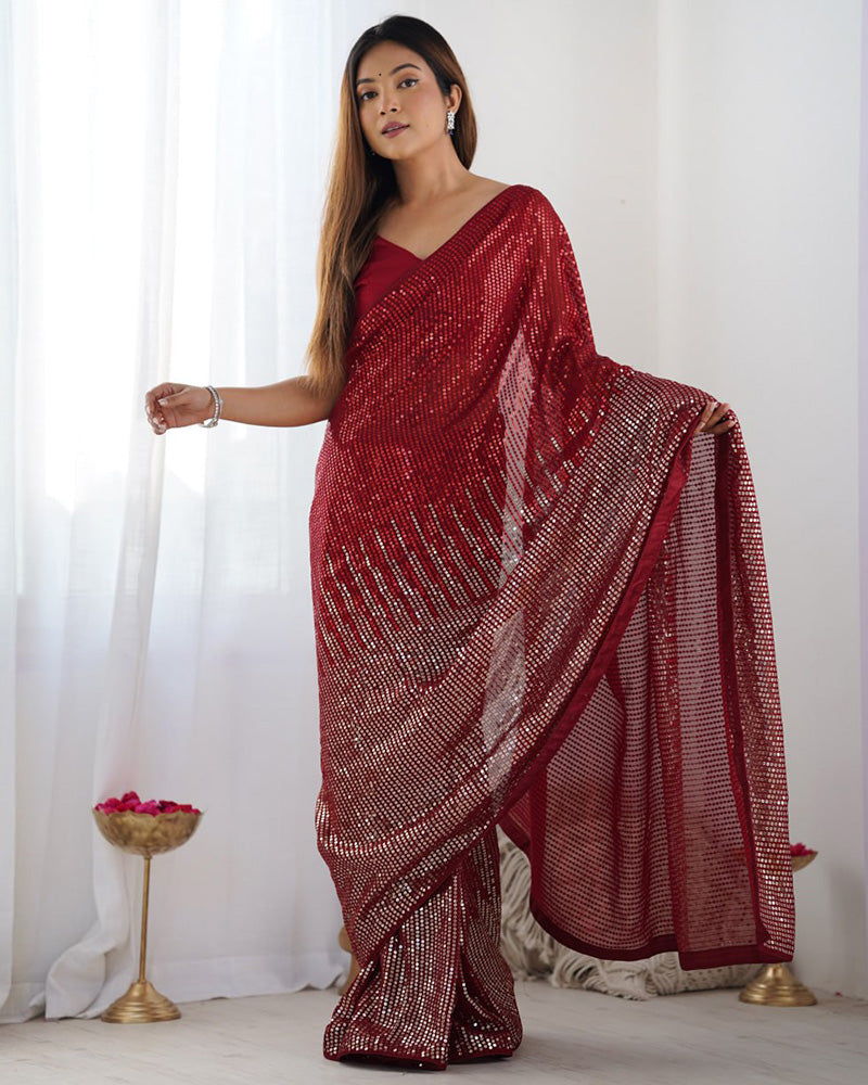 Red Color Heavy Georgette Sequence Embroidered Saree