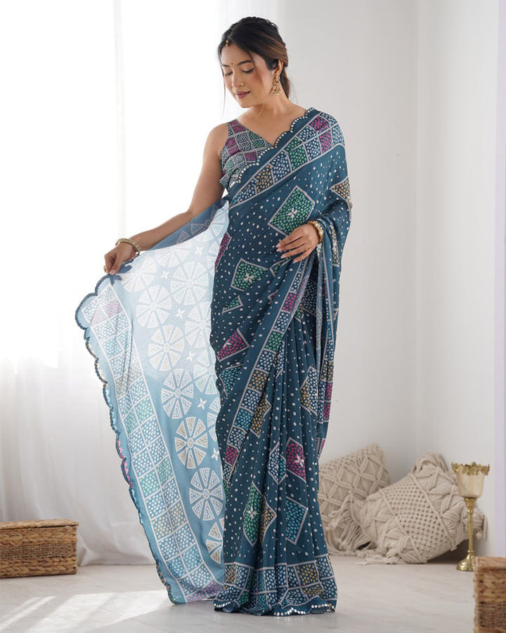 Navy Blue Color Chinnon Silk Printed Saree