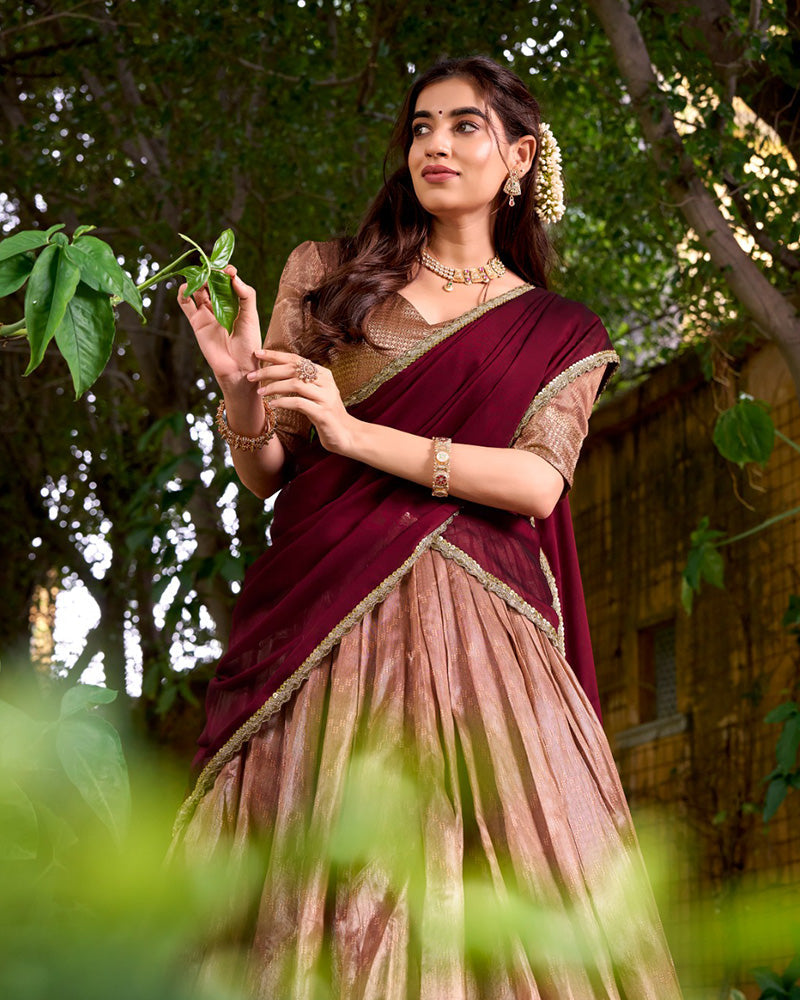 Peach Color Dupion Silk Zari Weaving Half Saree