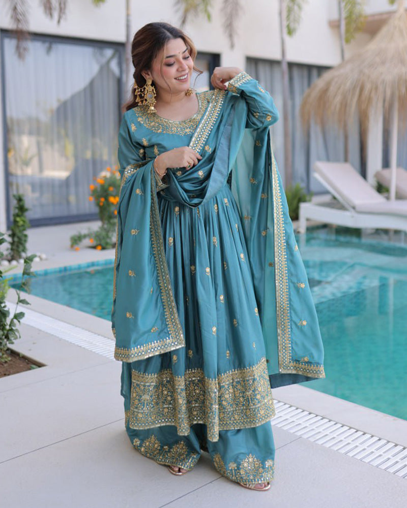 Dusty Teal Color Super Silk Embroidered Sharara Suit