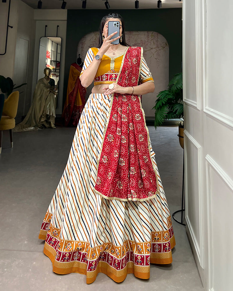 Laheriya And Patola Print Mustard Color Cotton Fully Stitched Lehenga Choli