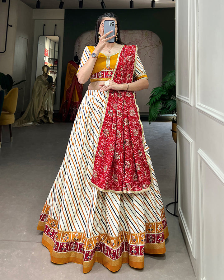 Laheriya And Patola Print Mustard Color Cotton Fully Stitched Lehenga Choli