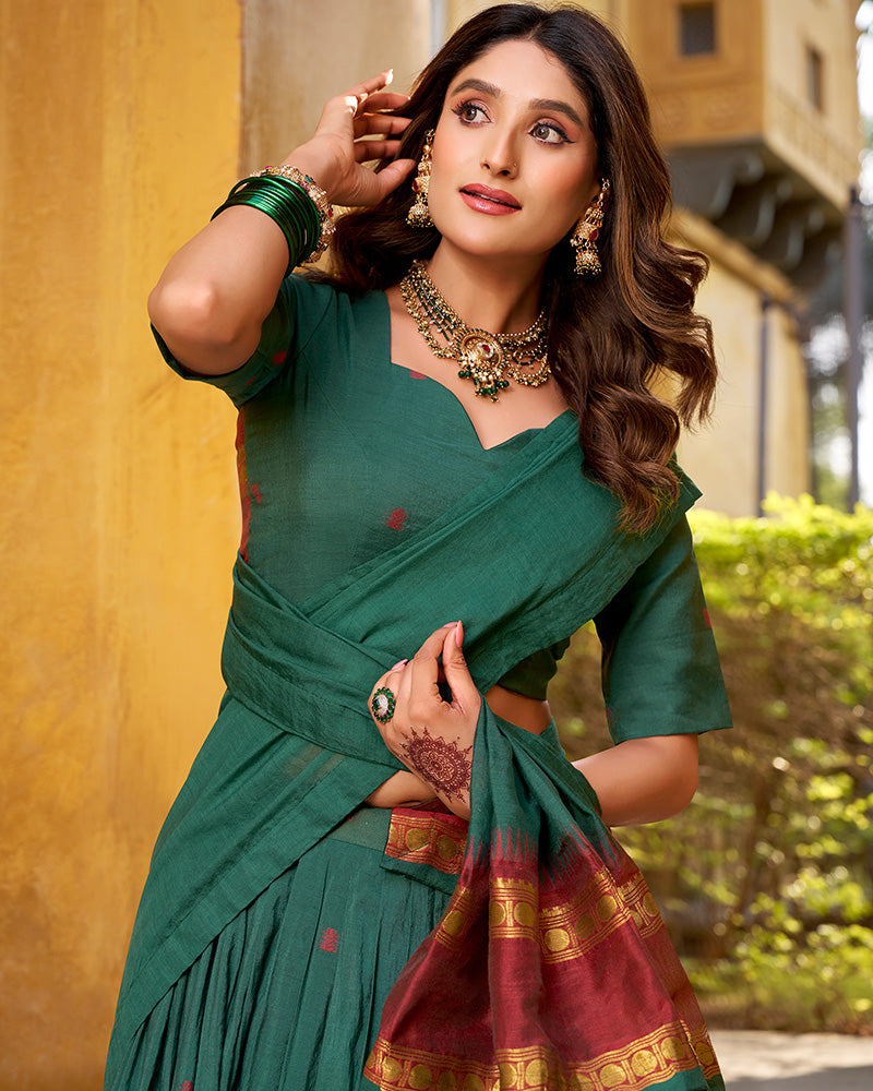 Traditional Teal Green Color Chanderi Half Saree With Zari Detailing