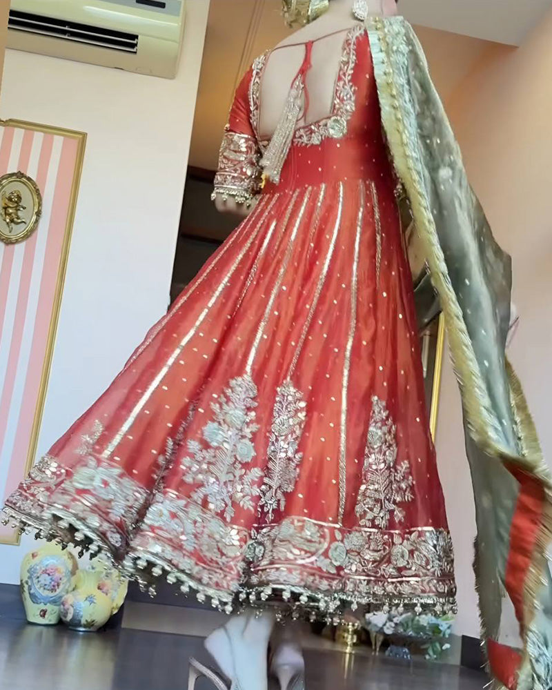 Orange Color Fandy Satin Embroidered Three Piece Anarkali Suit
