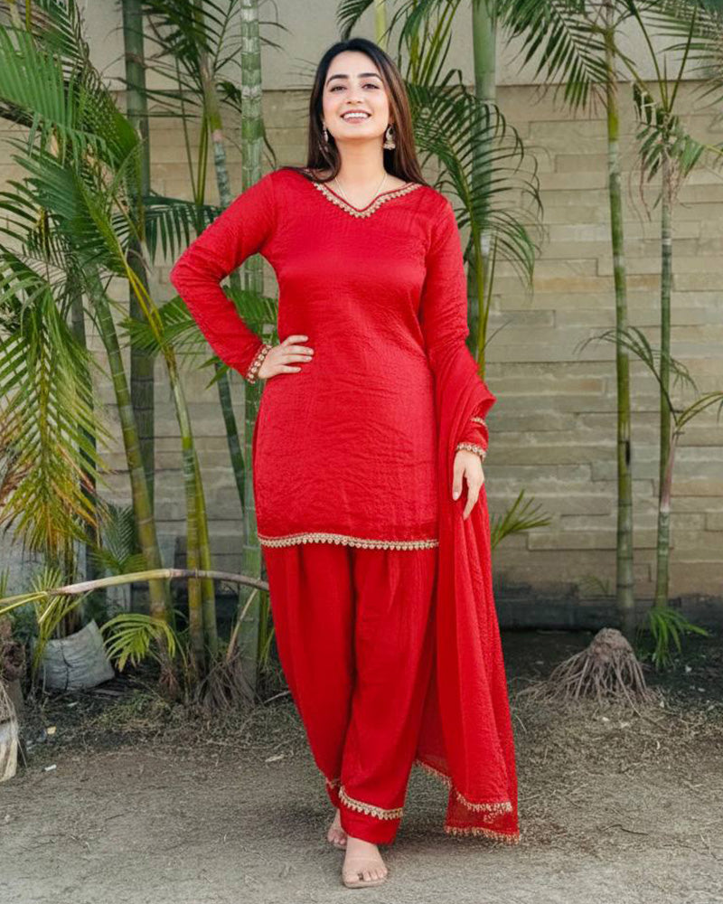 Red Color Fendi Satin Silk Farshi Salwar Suit