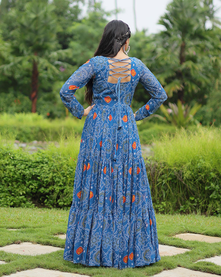 Navratri Special Blue Color Faux Georgette Bandhani Print Gown
