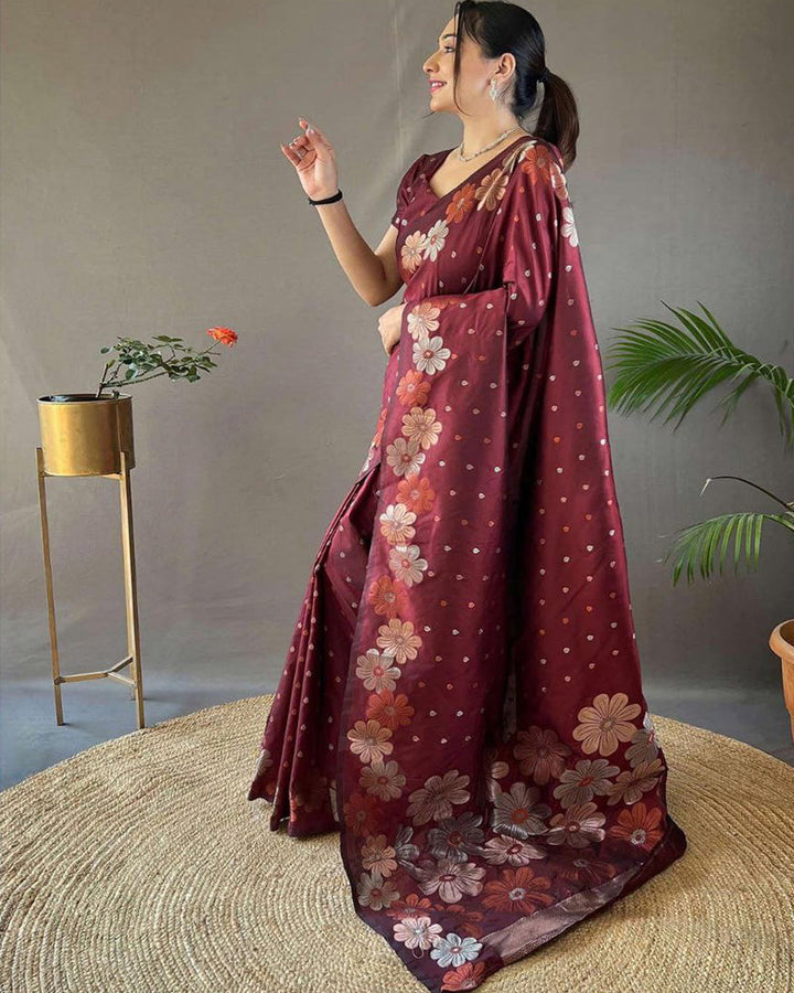 Jacquard Design Maroon color Soft Lichi Silk Saree