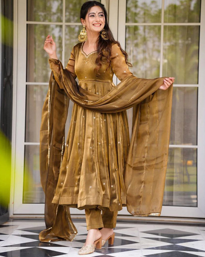 Brown Color Jimmy Choo Three Piece Anarkali Suit