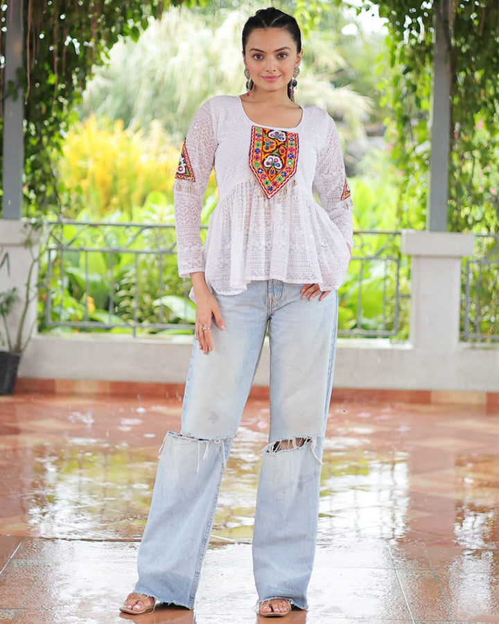 White Color Georgette Lucknowi Work Navratri Kediya