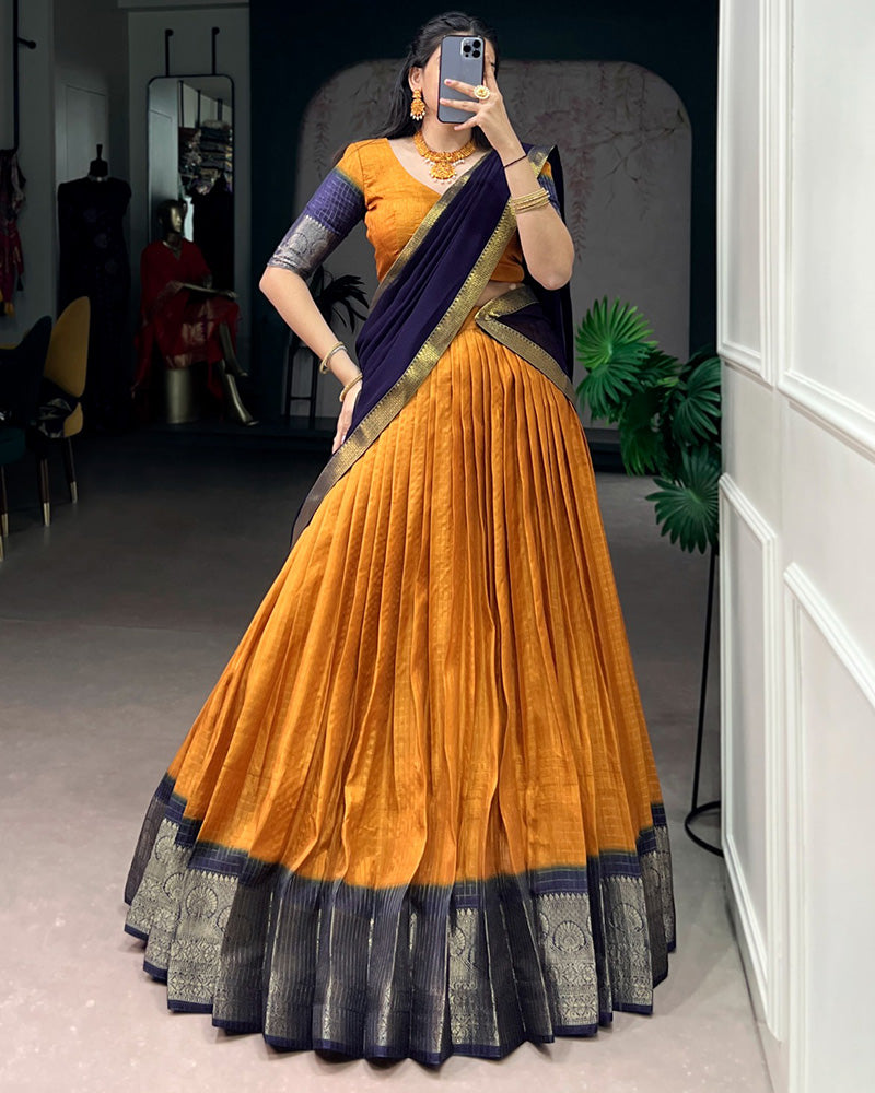 Mustard Color Dola Chex Zari Weaving Half Saree