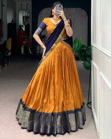 Mustard Color Dola Chex Zari Weaving Half Saree