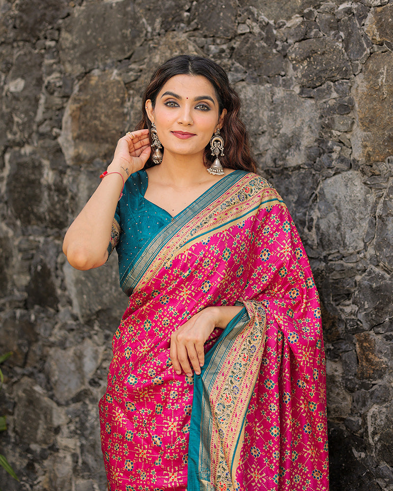 Pink Color Foil Print Stone Work Dola Silk Saree
