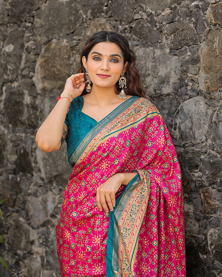 Pink Color Foil Print Stone Work Dola Silk Saree