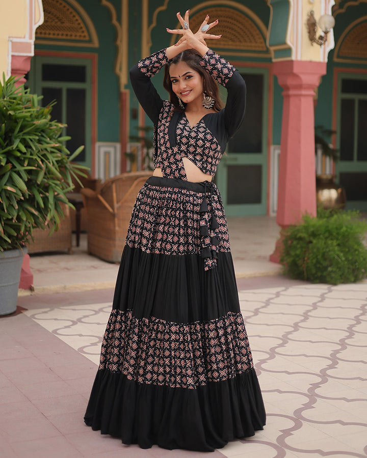 Navratri Wear Black Color Rayon Printed Lehenga Choli