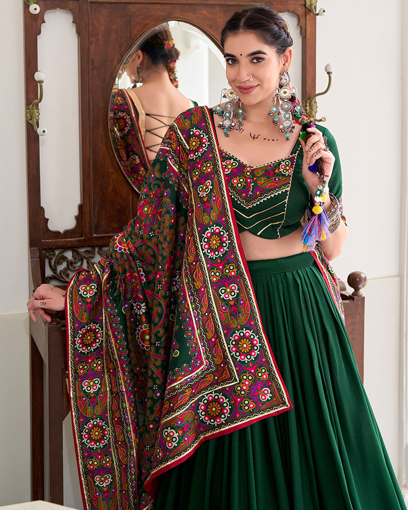 Green Color Tasar Silk Gamthi Printed Navratri Lehenga Choli