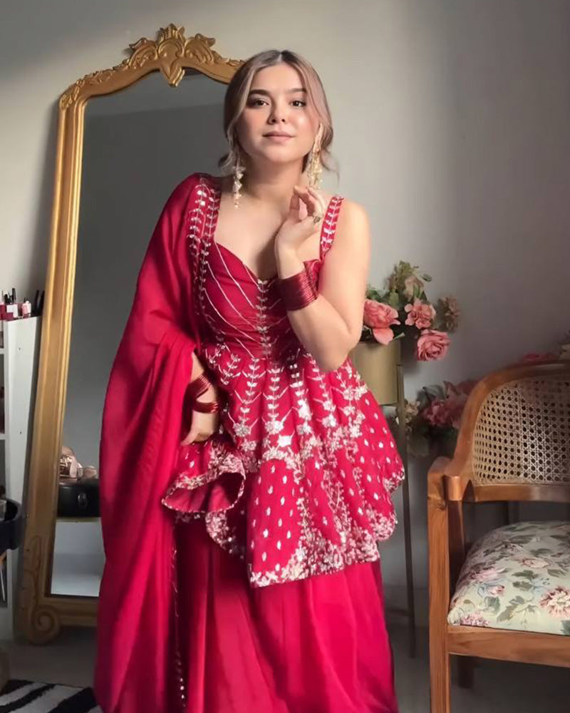 Rani Pink Color Faux Blooming Plazzo Suit