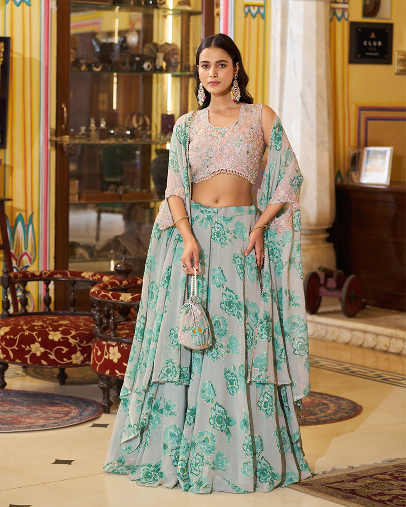 Green Color Georgette Embroidered Lehenga Choli