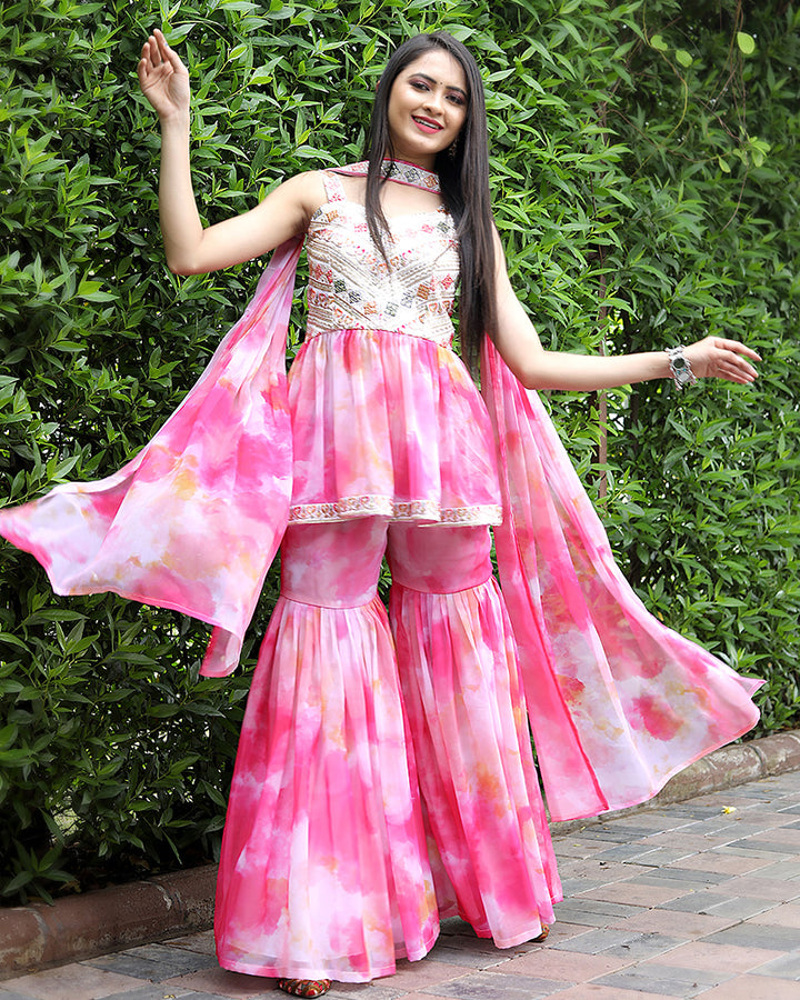 Baby Pink Color Faux Georgette Three Piece Sharara Suit