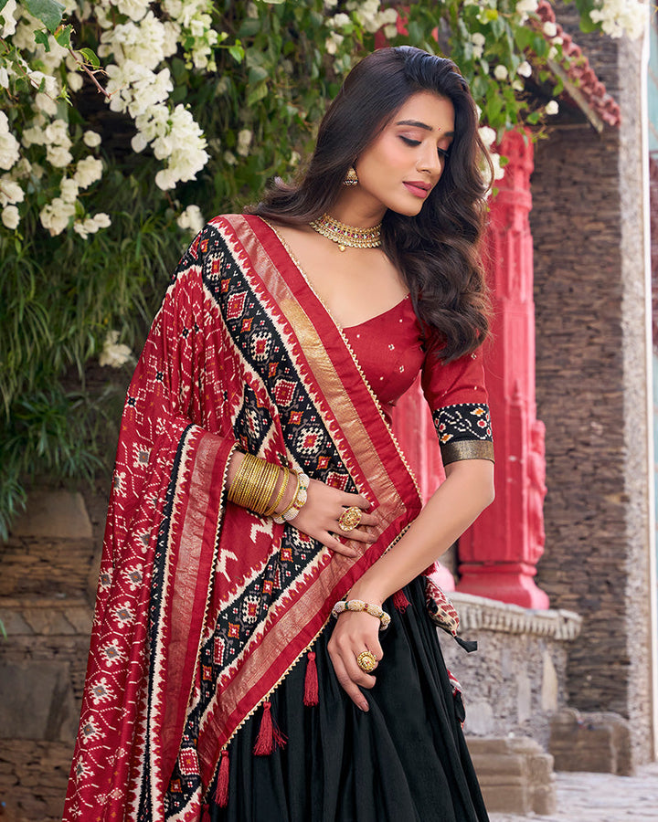 Designer Patola Printed Black Color Tussar Silk Lehenga Choli