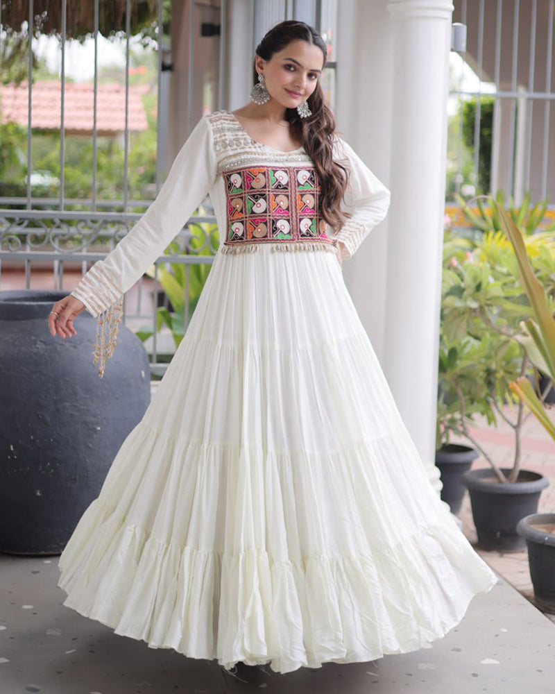 Three Color Rayon with Kutchi  Gamthi Work Navratri Gown