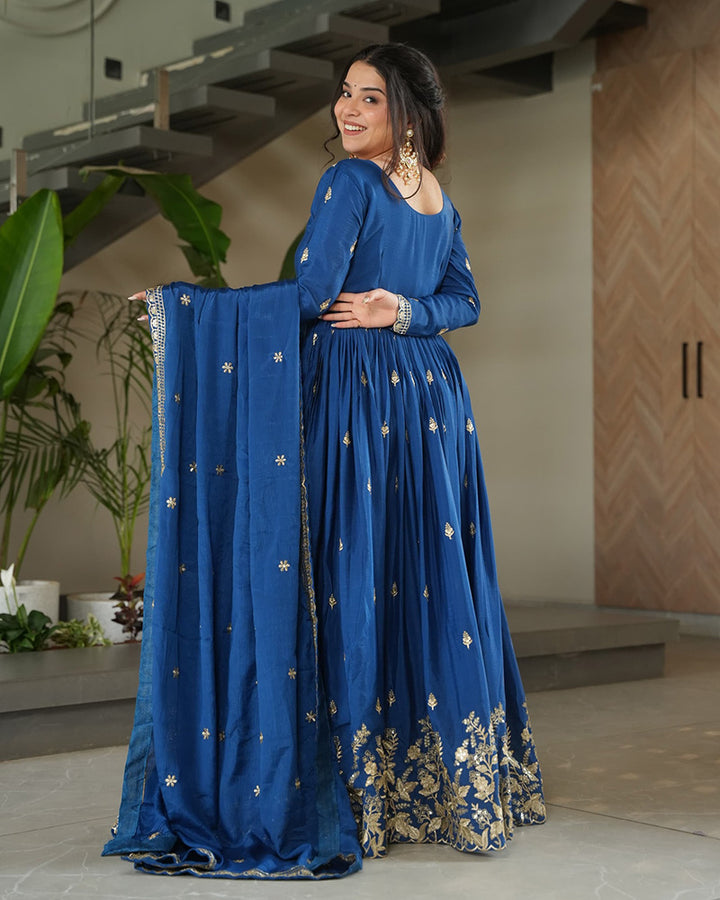 Beautiful Rama Color Chinnon Gown With Embroidered Dupatta