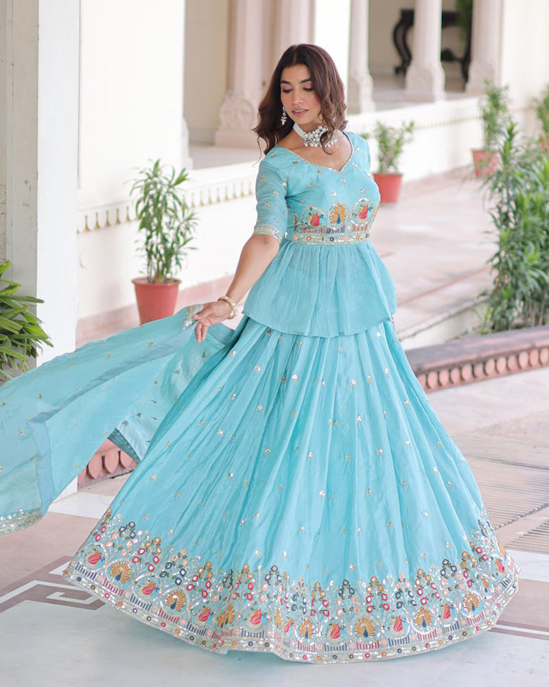 Sky Color Gold Crush Embroidered Lehenga Choli