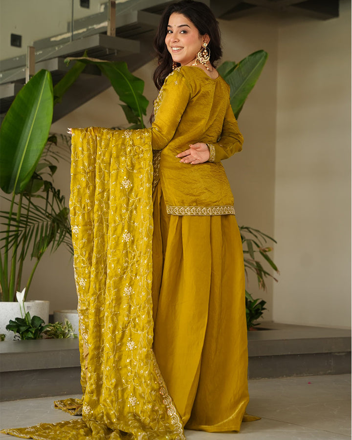 Elegant Mustard Embroidered Sharara Set with Dupatta