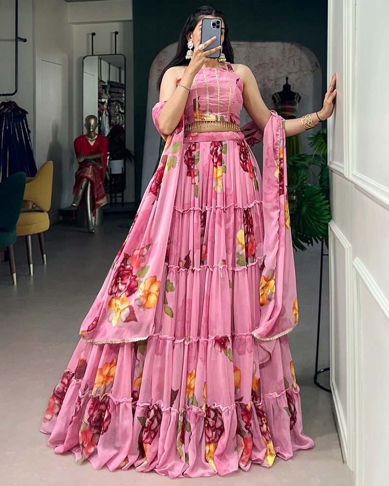 Pink Color Lightweight Chiffon Printed Lehenga Choli
