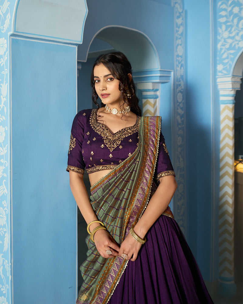 Elegant Dark Purple Embroidered Vichitra Silk Lehenga Choli