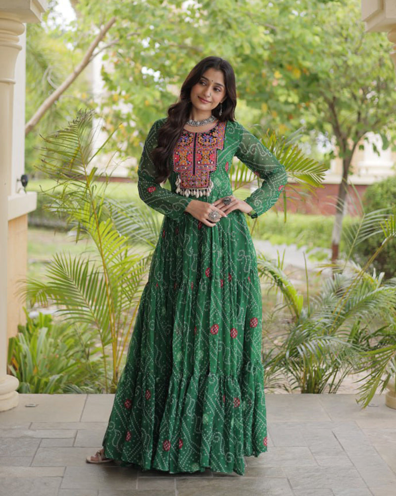 Green Color Bandhani Print Faux Georgette Navratri Gown