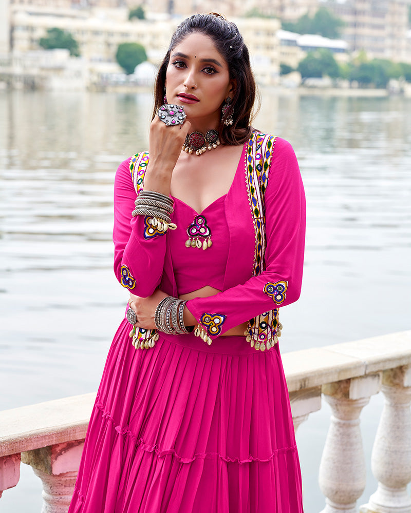 Pink Color Pure Rayon Ruffle Style Navratri Lehenga Choli