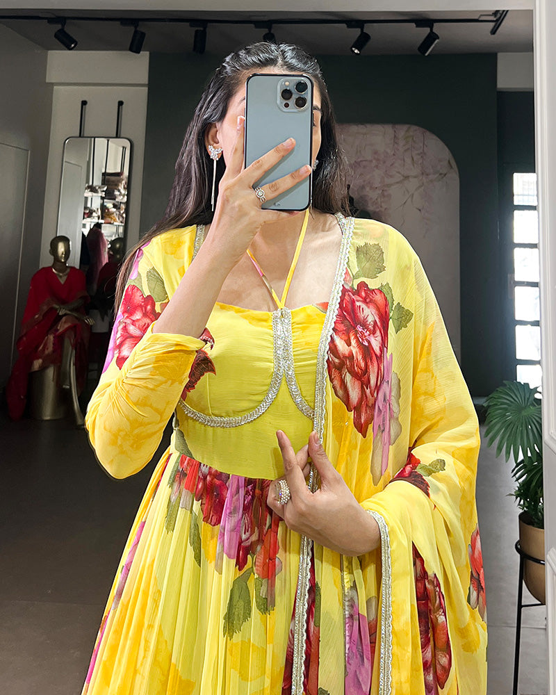 Yellow Color All Over Floral Printed Chiffon Gown
