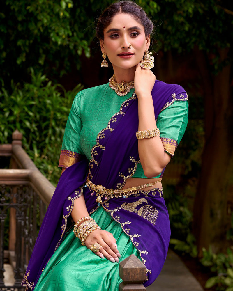 Bottle Green Color Poly Cotton Zari Weaving Half Saree
