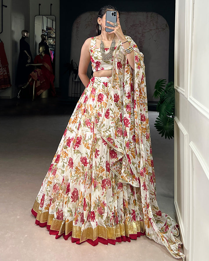 White Color Chiffon Floral And Foil Printed Lehenga Choli