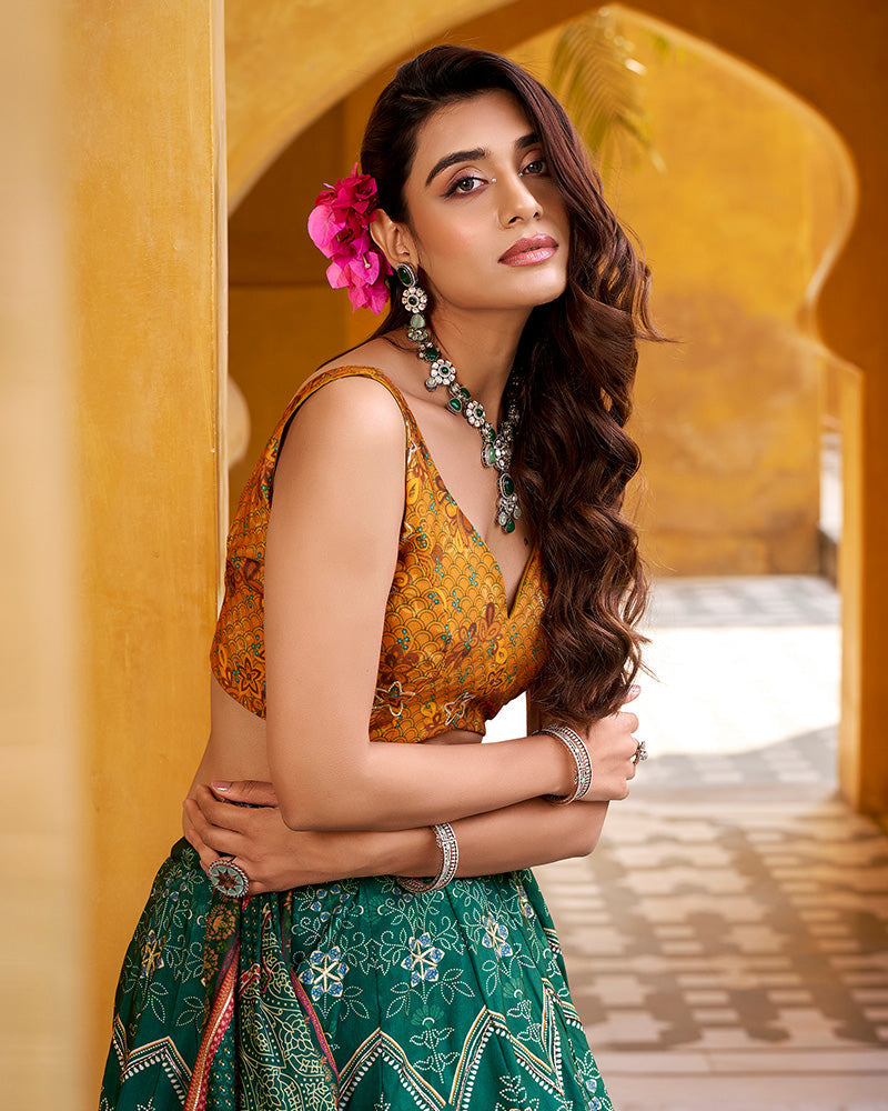 Bottle Green Color Vichitra Silk Printed And Embroidered Lehenga Choli