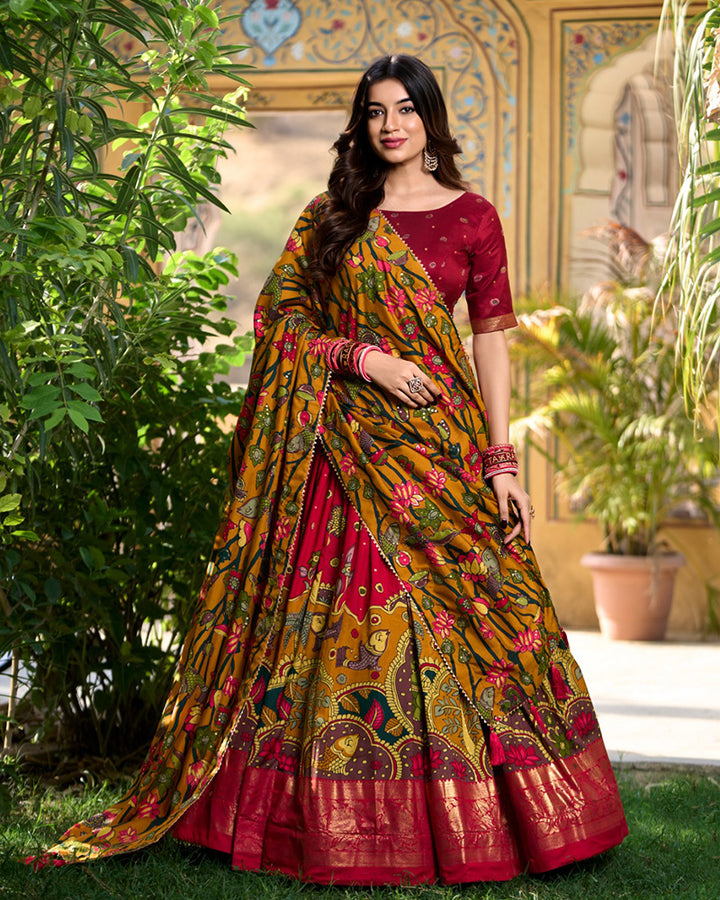 Kalamkari Print Red Color Tussar Silk Lehenga Choli