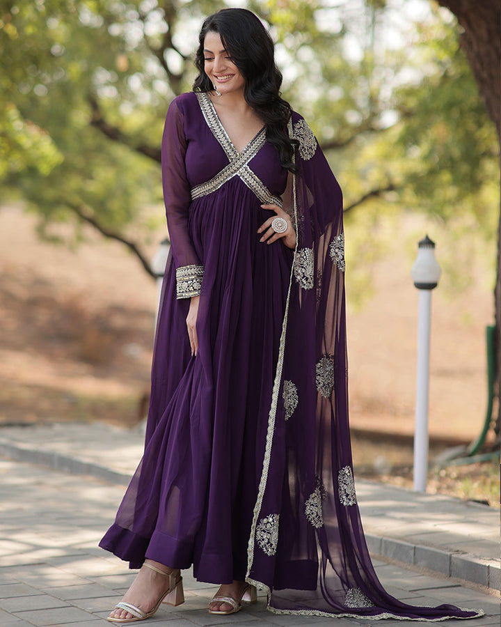 Wine Color Faux Blooming Embroidered Alia Cut Gown With Dupatta