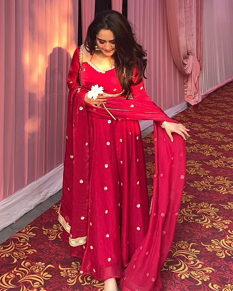 Red Color Fendi Silk Sequence Embroidered Anarkali Suit
