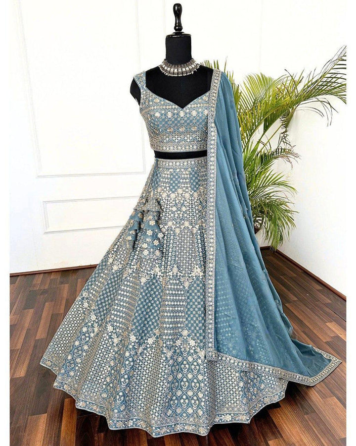 Wedding Wear Sky Blue Color Georgette Embroidered Lehenga Choli