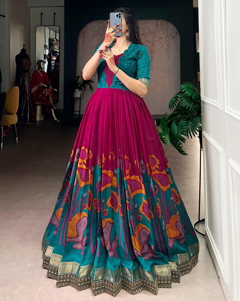 Pink Color Viscose Chanderi Floral Printed Gown