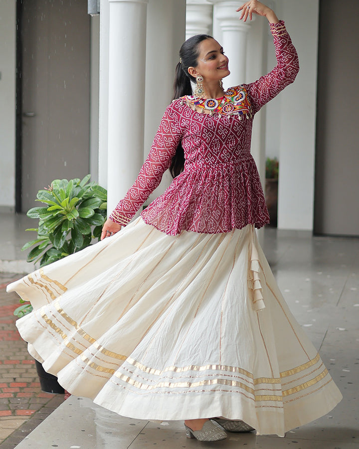 Peplum Style Maroon Bandhej Choli With Cotton Lehenga