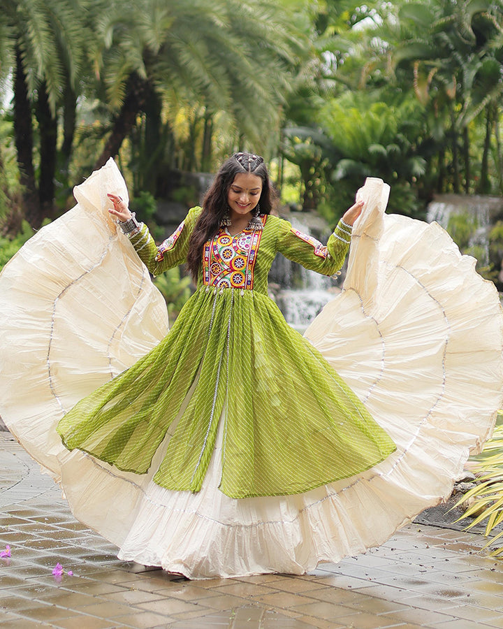 Parrot Green Color Kurti With Off-White Kora Cotton Lehenga