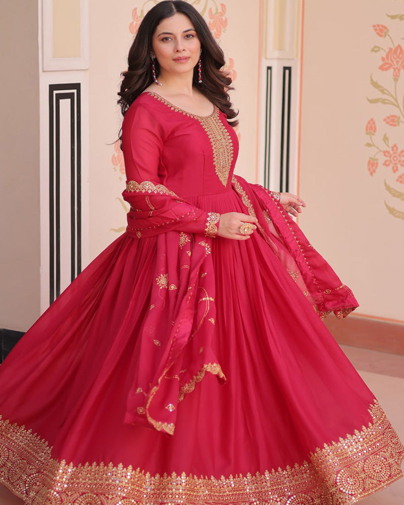 Designer Rani Pink Color Star Georgette Embroidered Gown