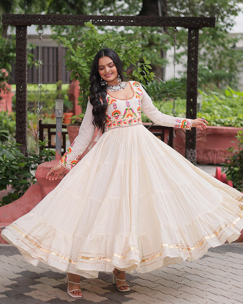 Elegant Off-White Kora Cotton Mirror Work Navratri Gown